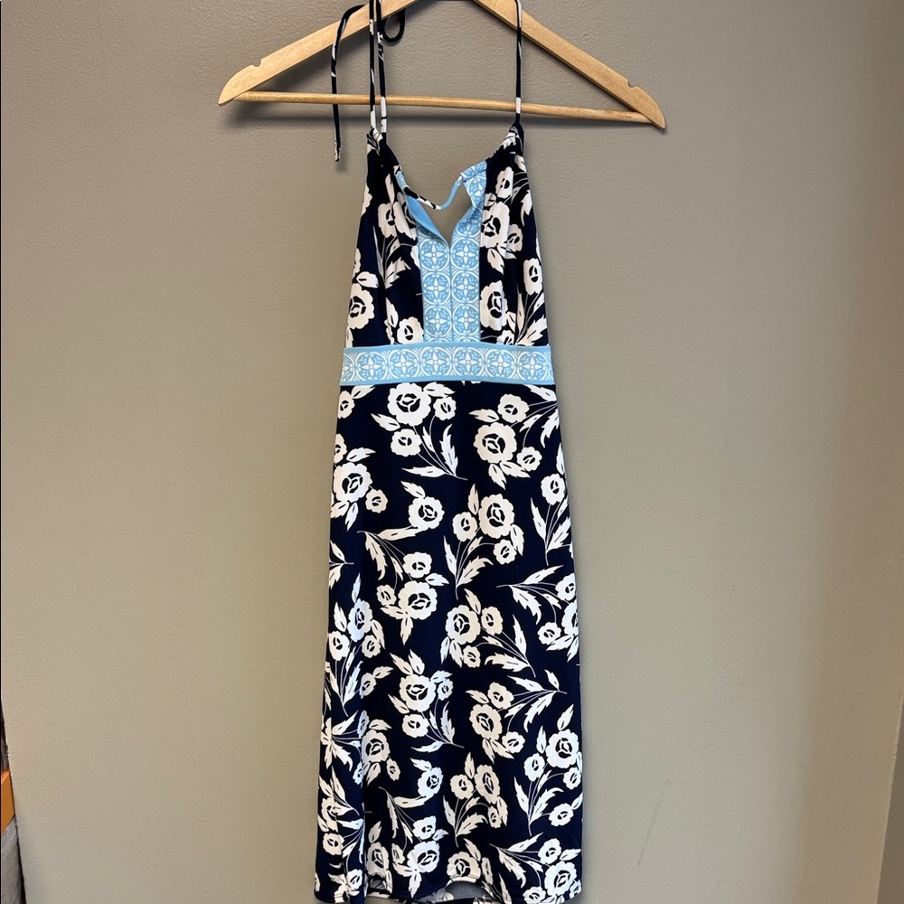 Ann Taylor LOFT Petites Floral Halter Dress 0P Navy Blue Petite